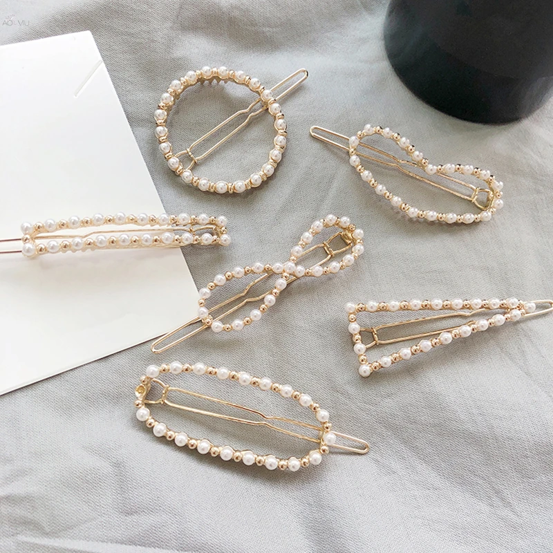 AOMU 2018 Women Fashion Hair Accessories Geometric Round Triangle Hair Clips Imitiation Pearl Hairpins Heart Hair Barrettes