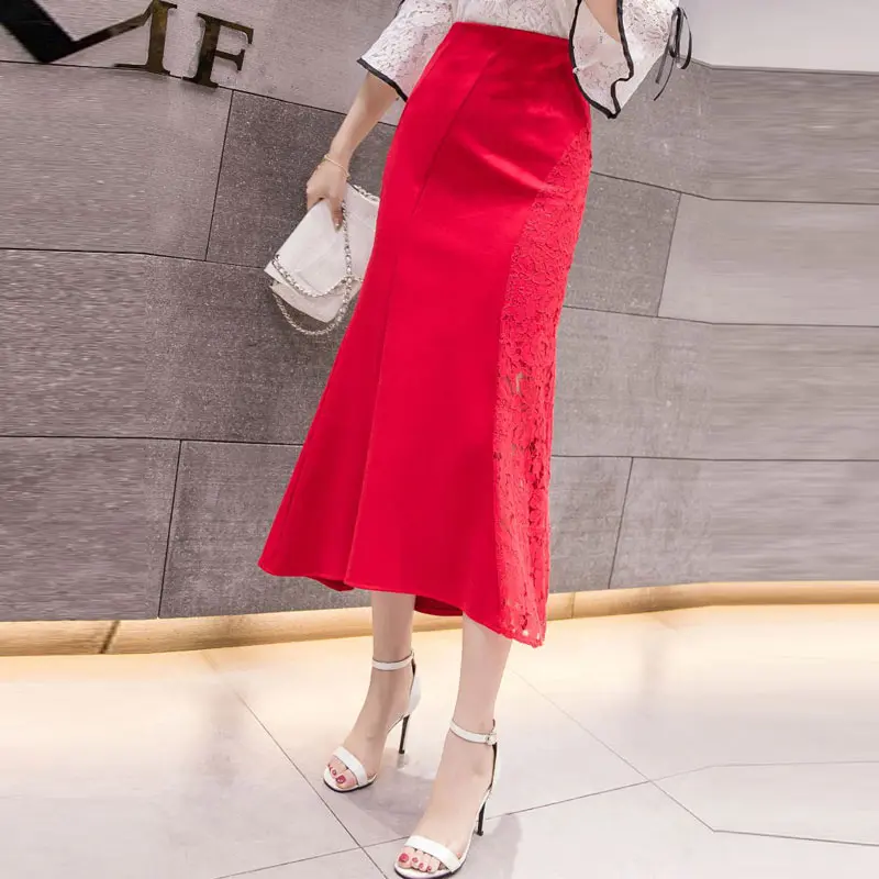 Plus Size Lace Skirt Women New Korean Fashion High waist Long Mermaid Skirts Stretch Slim Elegant Pencil Skirts - Цвет: red