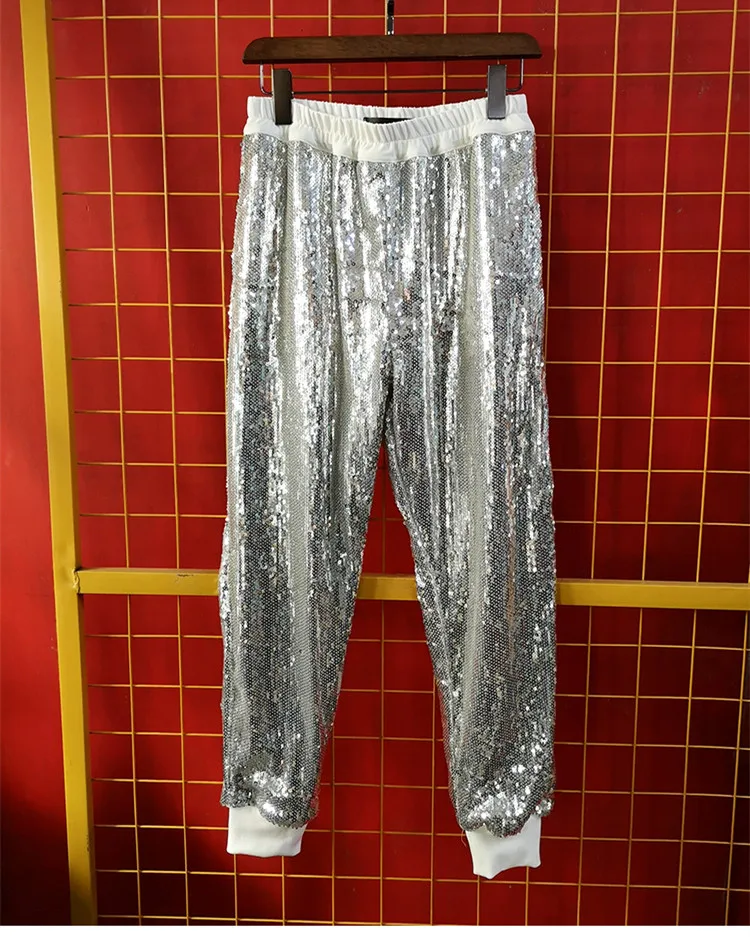 black harem trousers Men Silver Black Sequin Long Pants Sequined Casual Pants Nightclub Tide Male Singer Dancer Dance Costume Rock HIP HOP Stage Wear harem pants