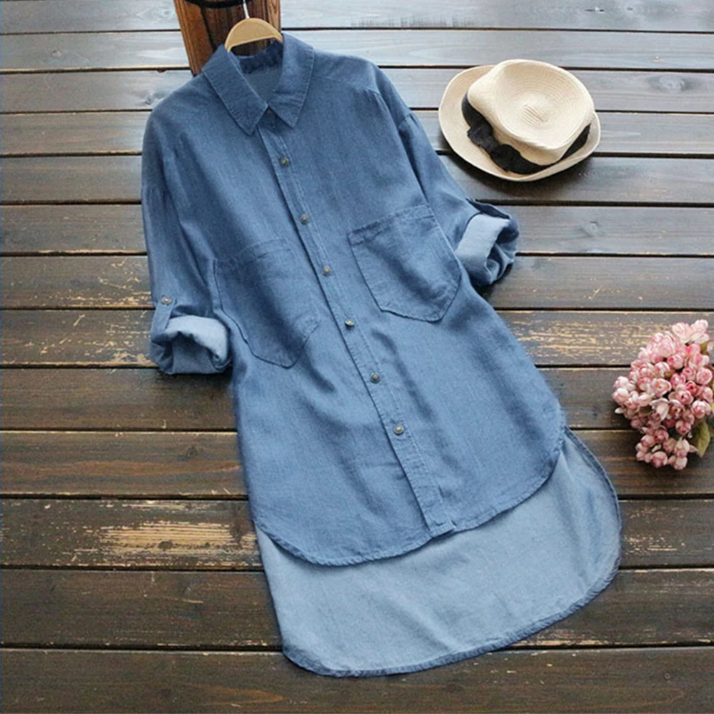 Women Loose Casual Long Sleeve Denim Shirt Autumn Vintage Solid Blue Ladies Blouses Turn-down Collar Blouse Jean Plus Size 5XL