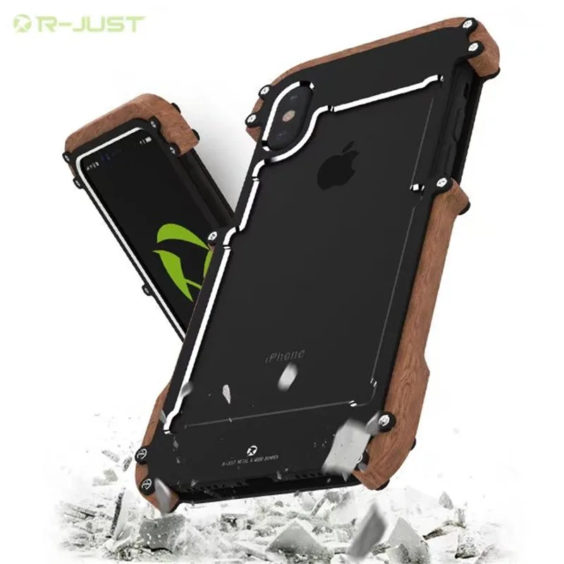 

Original R-Just Natural Wood+Metal Case For iPhone XS MAX XR X 6 6s 7 8 Plus 5 5s se Aluminum Metal Frame Phone Cases Accessorie