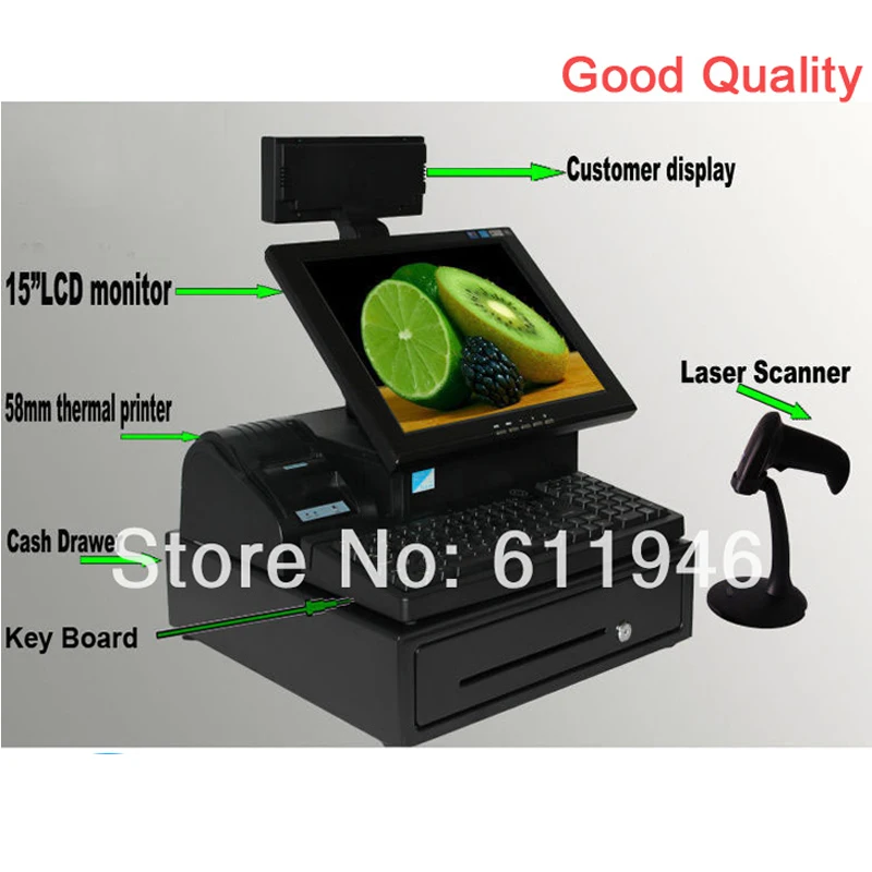 

15inch Touch Screen All In One Pos System With Thermal Printer/laser Scanner/cash Drawer/customer Display/keyboard