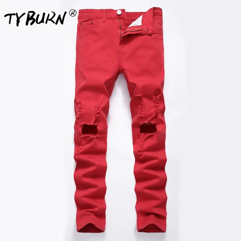 

TYBURN Men Jeans Business Casual Thin Summer Straight Slim Fit Stretch Denim Pants Trousers Classic Red Cowboys Young Man