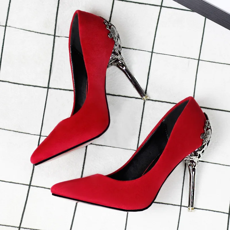 

2016 New Sexy Mental Heel Women Shoes Suede leather High Heels Women Pumps Flower Metal Heel Stiletto 9 colors