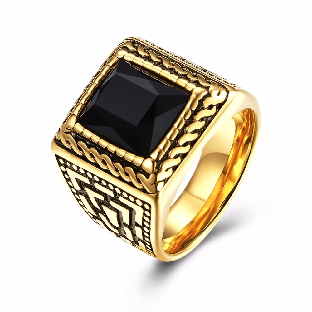 

High Quality Gold Color Plated Retro Punk Rock HipHop Signet Rings for Men 316L Stainless Steel Male Finger Jewelry Big Gem Ring