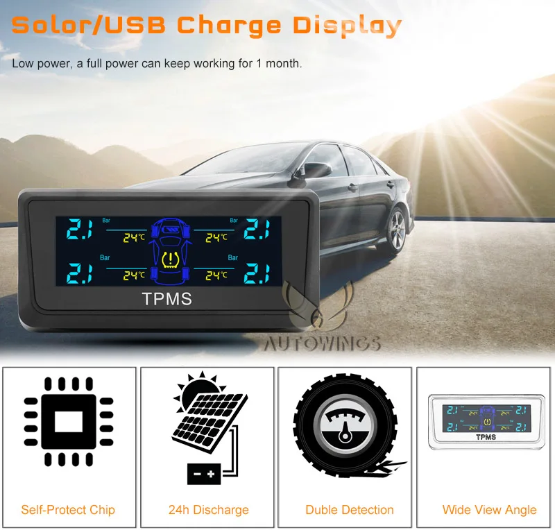 Автомобильная система контроля давления в шинах TPMS с 4 внутренними датчиками солнечного заряда ЖК-дисплей монитор давления в шинах поддержка бар/PSI