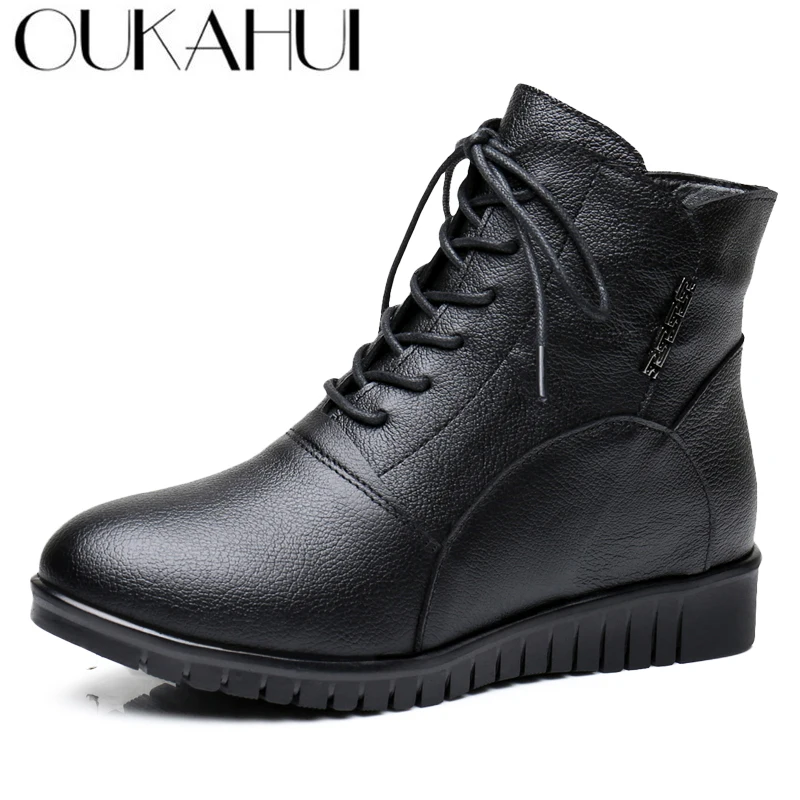 

OUKAHUI Female Genuine Leather Winter Mid Calf Boots For Women Round Toe Thick Plush Warm Short Boots Women Leather Cotton Shoes