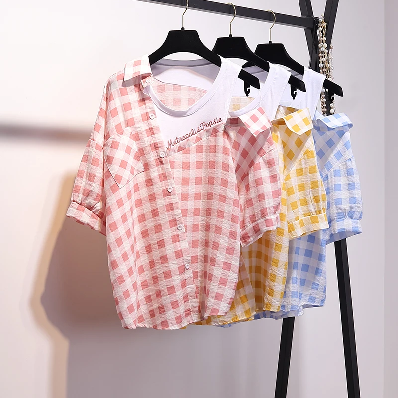 

OllyMurs 2019 Summer Women Off Shoulder Shirts Casual Ladies Short Sleeve Plaid Blouse Fashion Letter Embroidered Elegant Tops