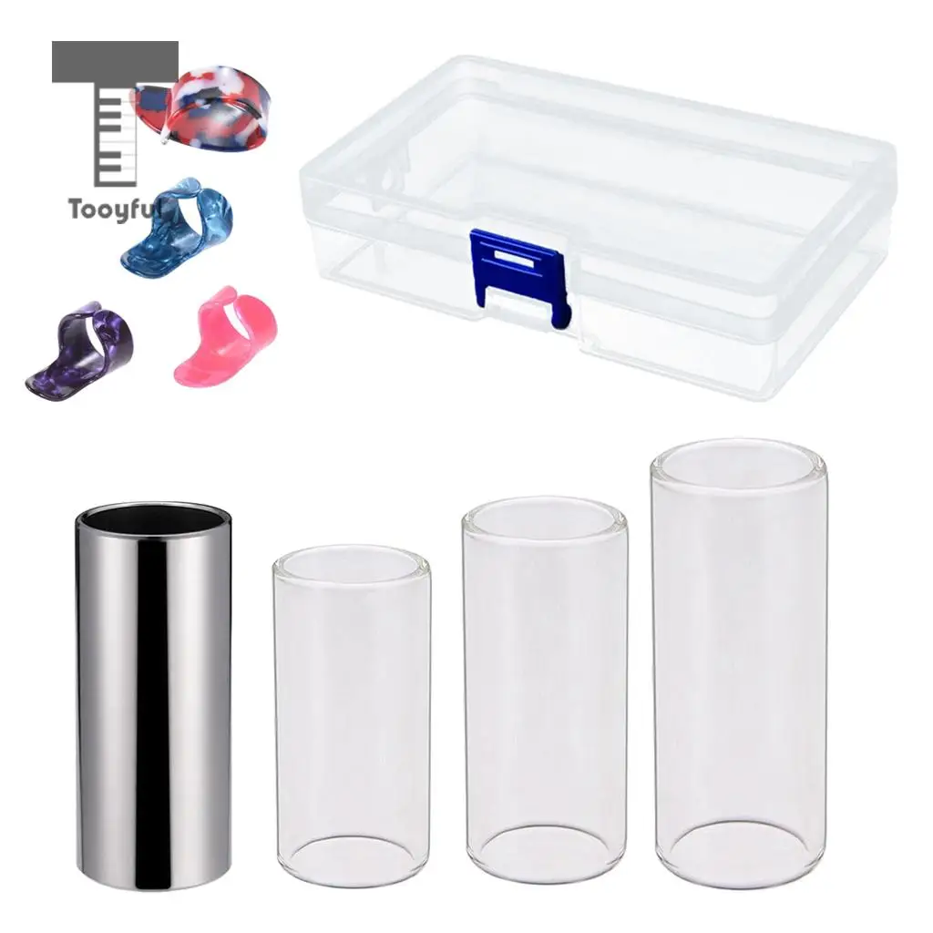Tooyful 3Pcs Glass Slide +1 Pc Stainless Steel Slide + 4 Pcs Guitar Finger Picks +1 Pc Box for Guitar