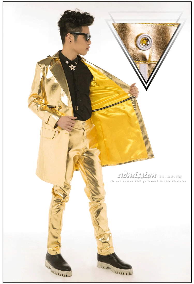 Ночной клуб бар этап Для мужчин певцы DS и диджей длинные золотые кожаная куртка Для мужчин хост костюмы пальто куртки и пиджаки! S-XL