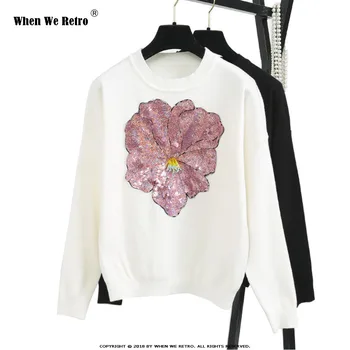 

When We Retro New 2018 Spring Europe Street Style Women Knit Sweater Sequins 3d Big Flower Beading Knitwear Pullovers YC16