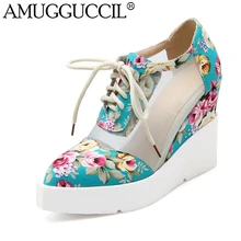 2017 New Plus Big Size 34-42 Black Blue Red Lace Up High Heel Platform Wedges Spring Autumn Female Lady Women Shoes Pumps D1038