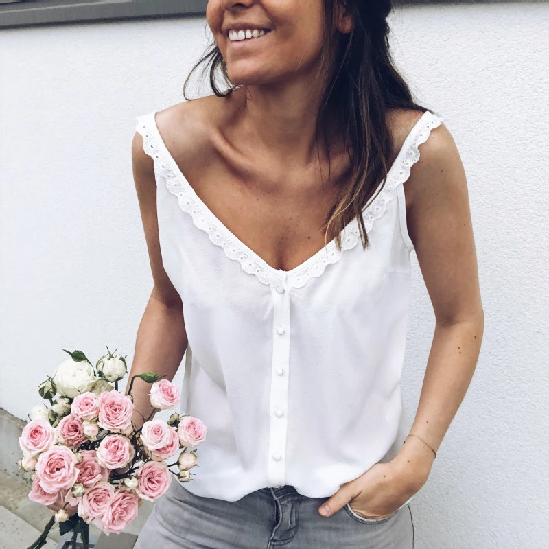 

2018 Summer Vest Black Red White Womens Casual tops Sleeveless Button-up V-neck A-shirt Lace Tank Tops