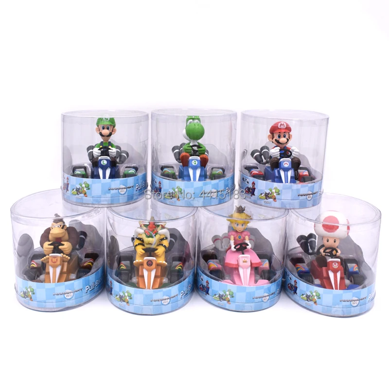 7 pcs/lot Anime Super Mario Bros Kart Pull Back Car Donkey Kong Peach  Toad  Luigi PVC Action Figure Doll Collectible Model Toy 