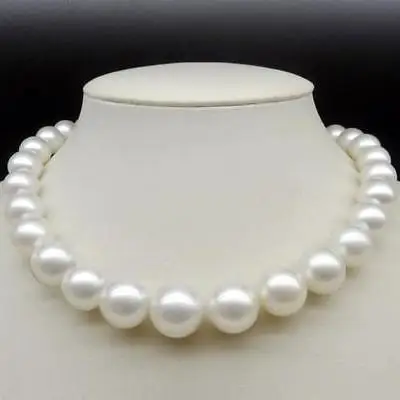 

Free shipping >>round 12-14m natural south seas white pearl necklace 18inch