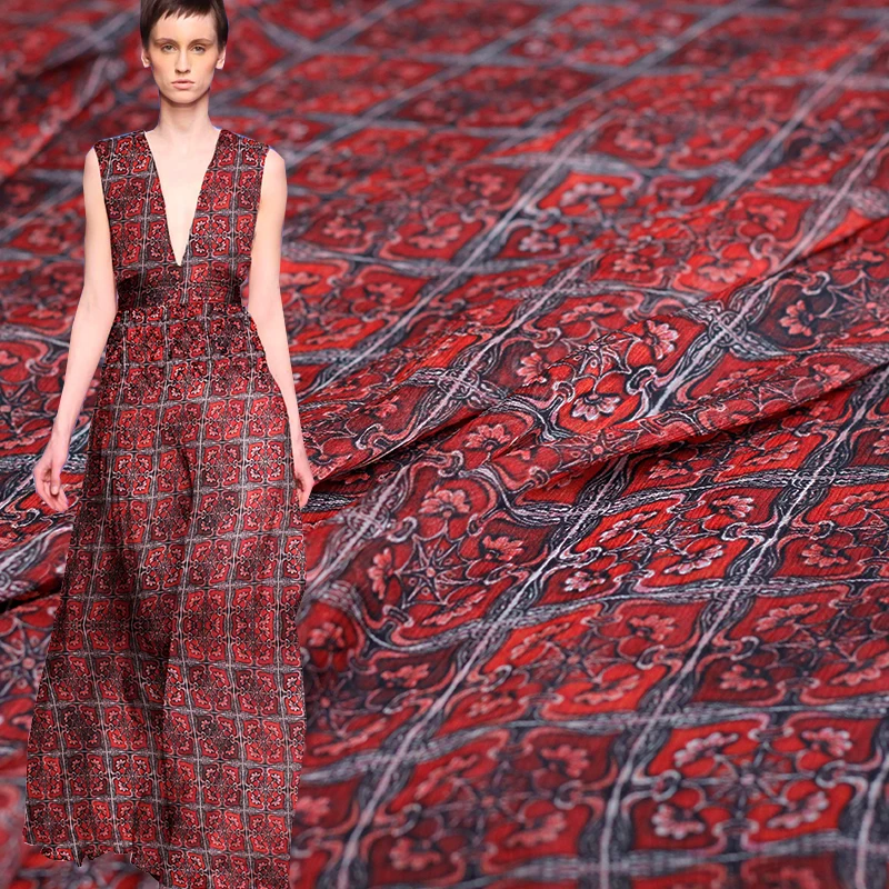 Pearlsilk 5momme красного цвета с цветочным принтом морщинка шифон шелк тутового шелкопряда материалов летнее платье DIY Одежда ткани