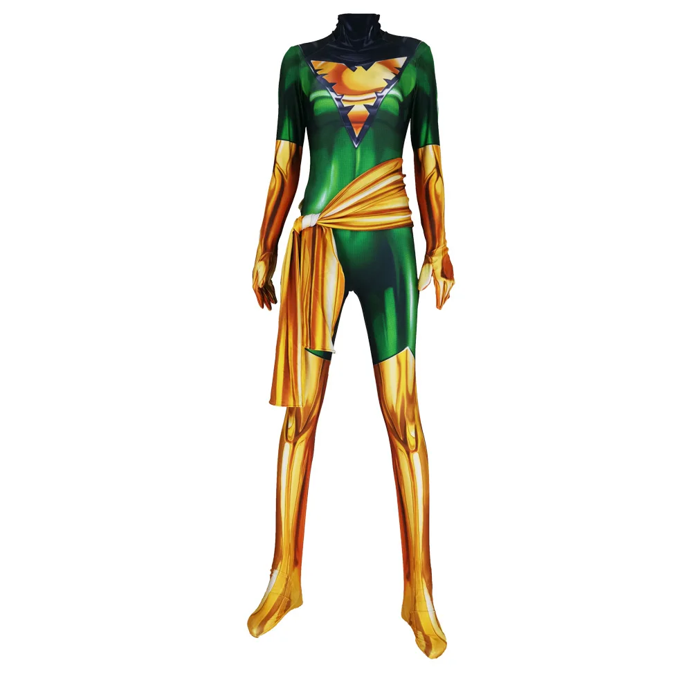 

Green Phoenix X-men Jean Grey Cosplay Costume Spandex 3D Printed Bodysuit Cosplay Zentai Suit with Sash