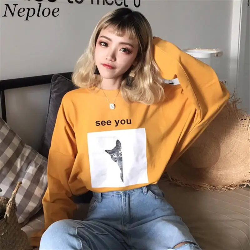 

Neploe Harajuku t shirt Cartoon Printed T Shirts women tshirt Long Sleeve Tops O-neck Tee BF TShirt See You Tee Shirts 36337