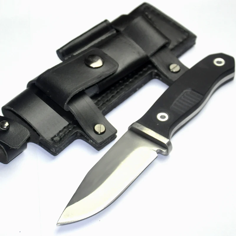 Baratos SDIYABEIZ G10 mango cuchillo de supervivencia cuchilla fija cuchillos de caza Camping cuchillo ATS 34 de acero hoja completa cuchillos y Funda de cuero