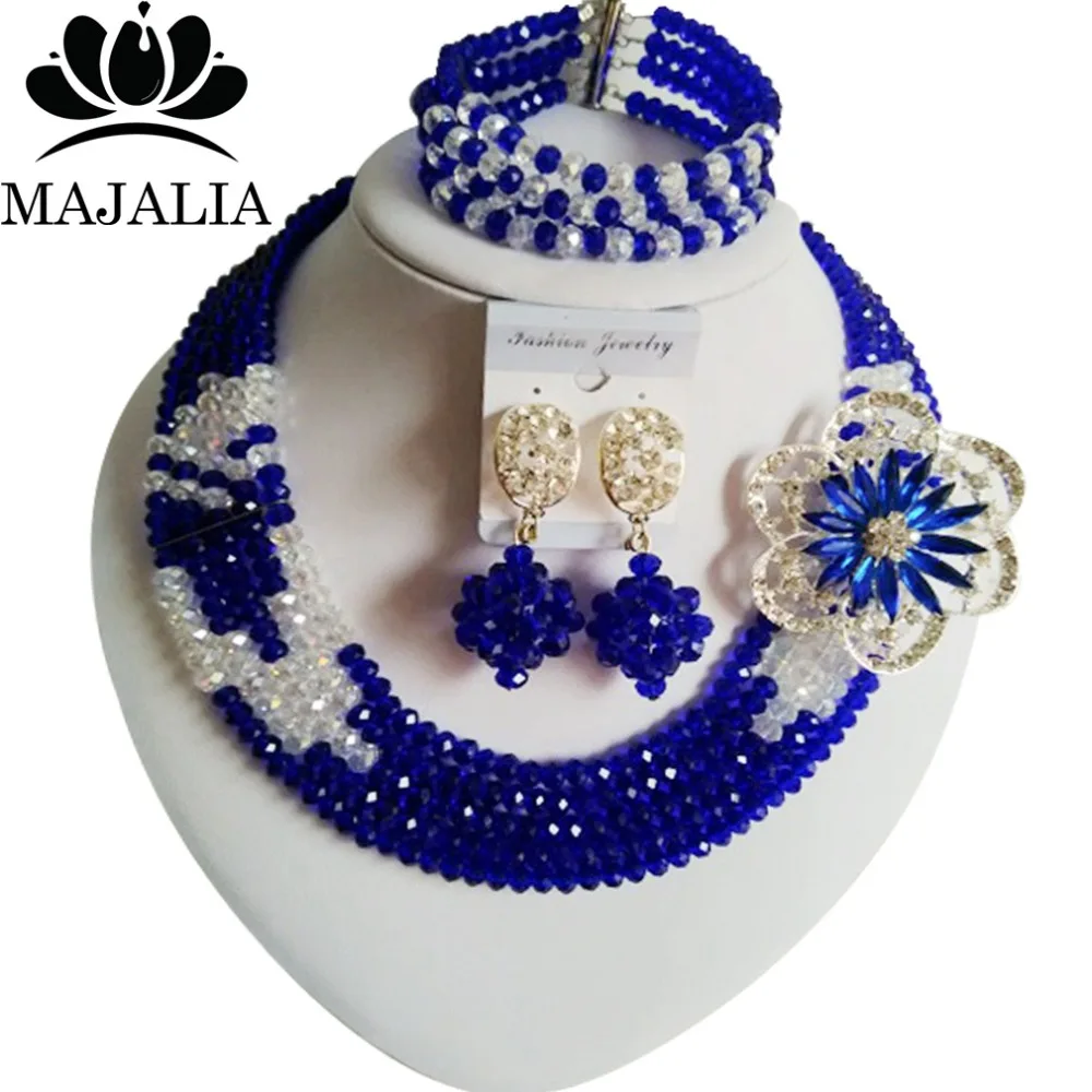 

Trendy Nigerian wedding African beads jewelry set crystal Royal Blue necklace bracelet earrings A well-known brand Majalia Y-24