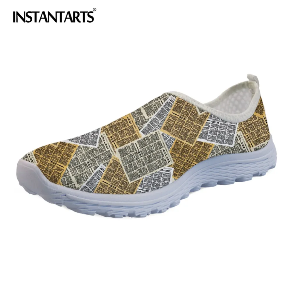 

INSTANTARTS Retro Newspaper Design Women Casual Slip On Sneakers Breathable 3D Brand Printing Ladies Flats Shoes Walk Sneakers