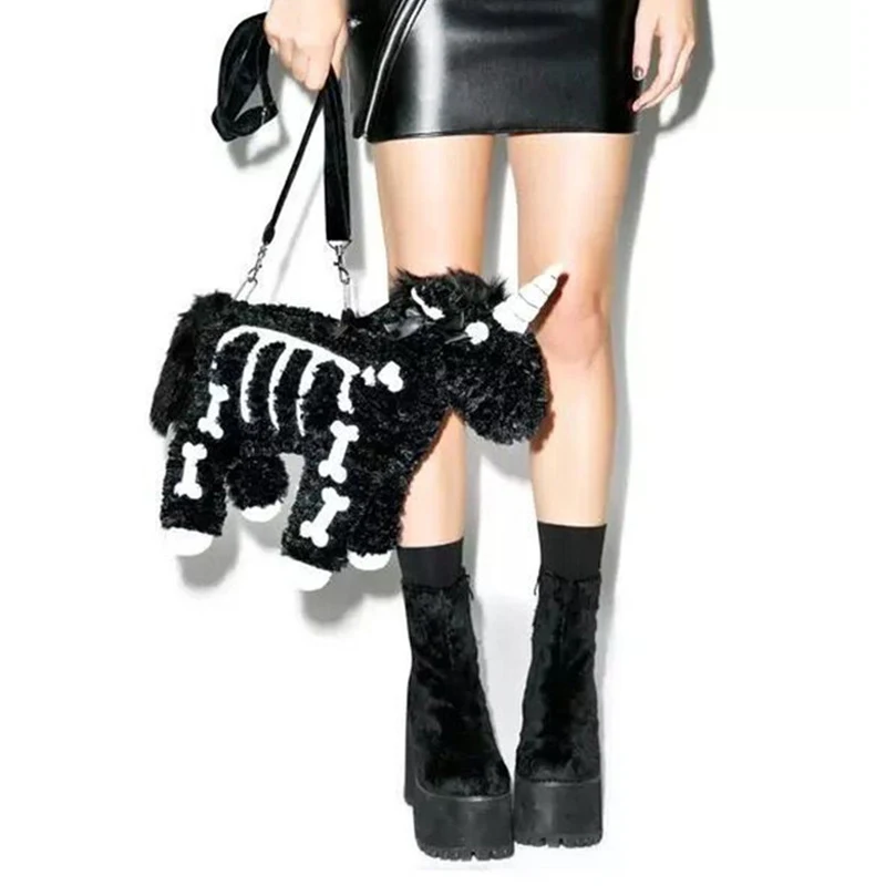 Темный стиль панк Индивидуальность Мода темные тенденции Плюшевый единорог моделирование сумка на плечо дамская сумка сумки-мессенджеры