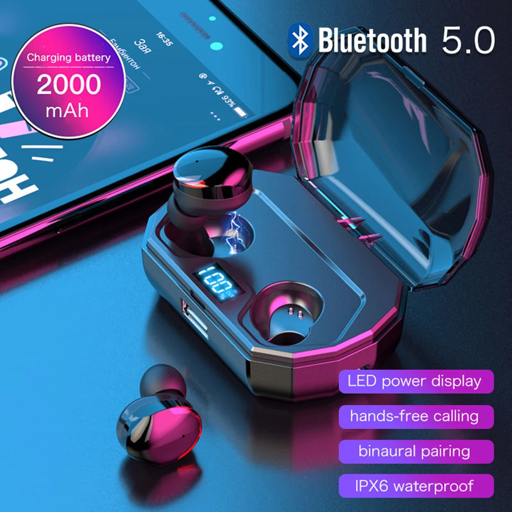 

HANTOPER TWS True Wireless Earphone Waterproof IPX5 Bluetooth Headset HiFi Sport Earbuds with Digital Charging Case 2000mAh