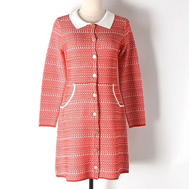 

Early Spring New Contrast Color Lapel Buckle Cardigan Mixed Woven Knit Dress Double Pocket Knit Solid Color Female