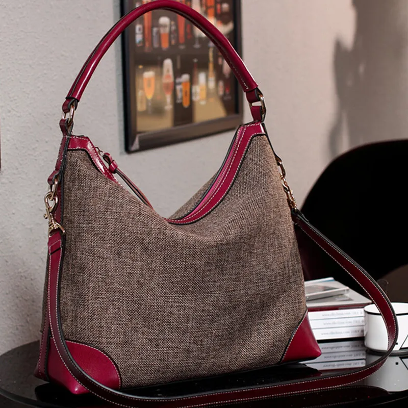 BARHEE Designer Real Genuine Leather Women Handbag Hobo Shoulder Bags Linen Fabric Messenger Bag ...