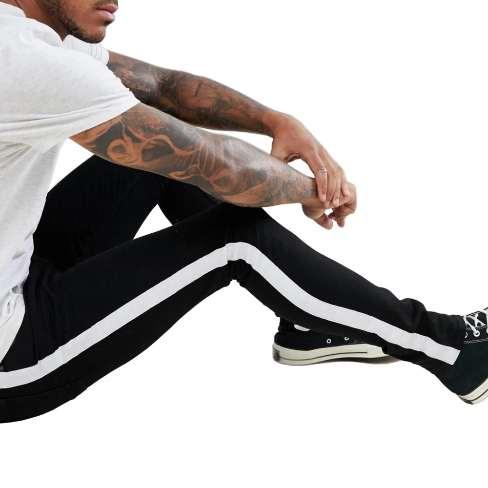 Мужские боковые белые и черные полосы обтягивающие Модные Повседневные джинсы-карандаши V1207-002