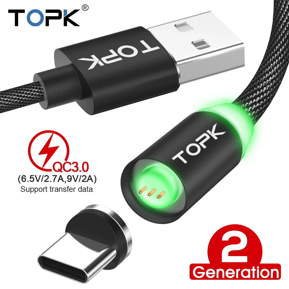 

TOPK Newest Upgraded 18W Magnetic USB Type C Cable 3A Quick Charging Type-C Fast Charging Data Sync USB C Mobile Phone Cables