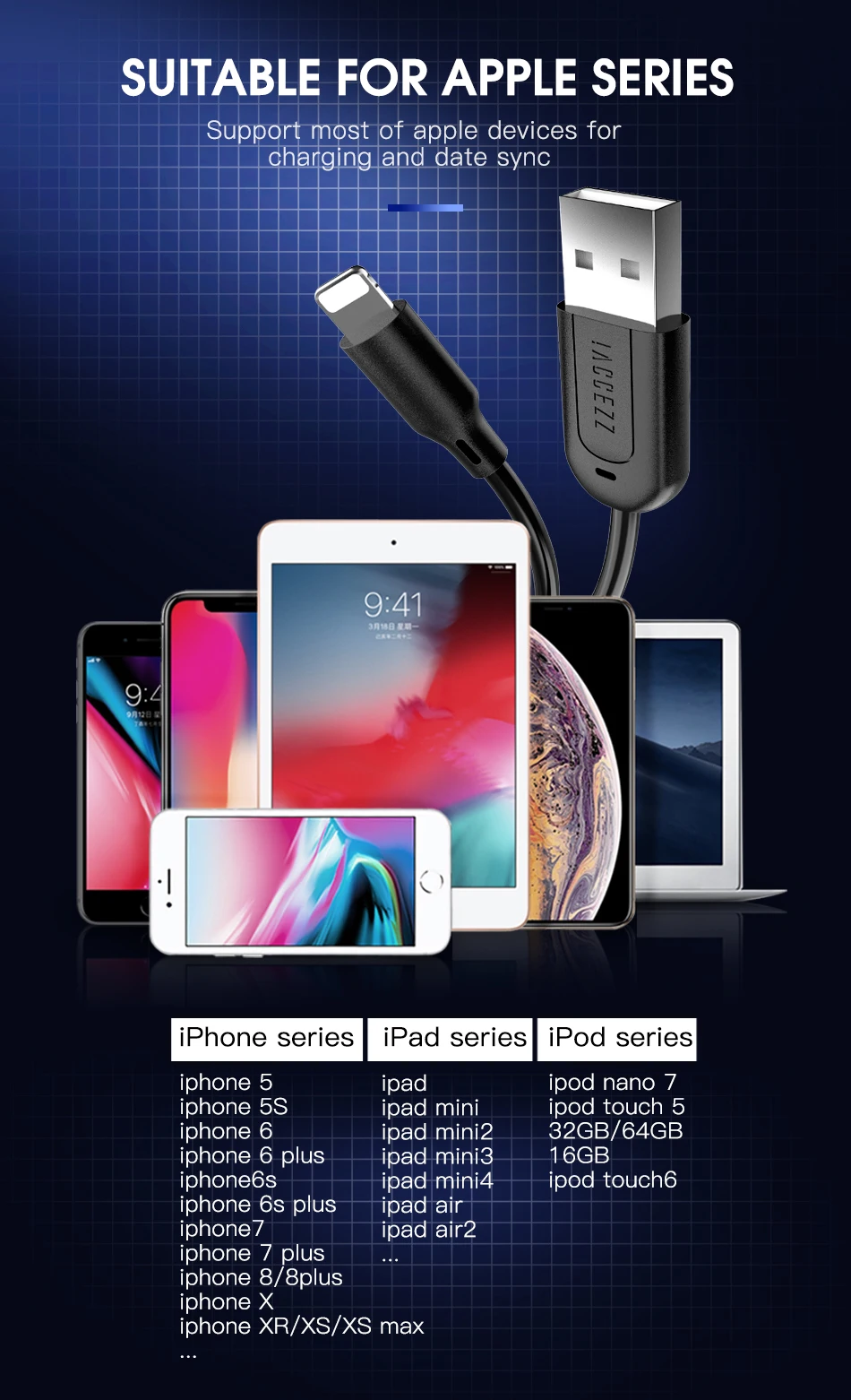 ACCEZZ TPE USB кабель для iPhone X XS MAX XR 8 7 6 6S 5 5S Plus Кабель для зарядки и передачи данных для Apple ipad Mini зарядный шнур 3 м
