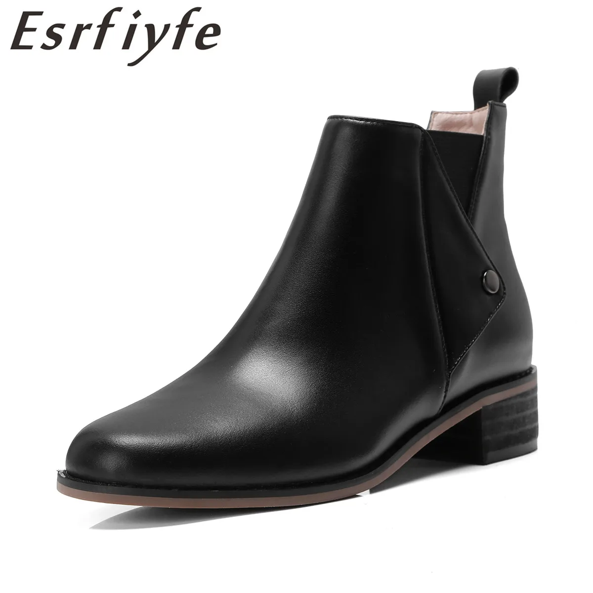 

ESRFIYFE 2018 New Fashion Spring Autumn Women Boots Round Toe Genuine Leather Boots Square Heel Ankle Boots Shoes Short Plush
