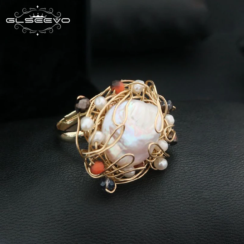 

GLSEEVO Natural Fresh Water Baroque White Big Pearl Adjustable Rings For Women Handmade Vintage Wedding Ring Jewelry GR0191