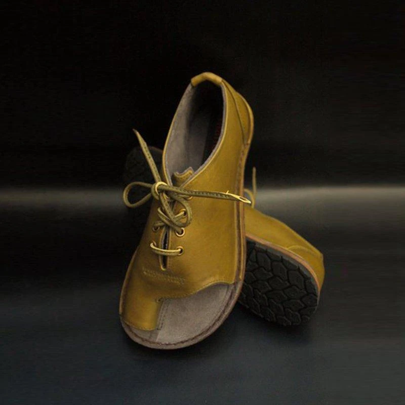 

Puimentiua Fashion Women PU Leather Sandals Comfy Plat Flat Shoes Sole Casual Soft Big Toe Foot Correct Sandals Lace Up Shoes