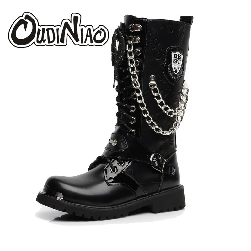 Prix OUDINIAO Armée Bottes Hommes Haute Militaire Combat Hommes Bottes Mi veau Chaîne En Métal Mâle Moto Punk Bottes Chaussures de Printemps Hommes Rock