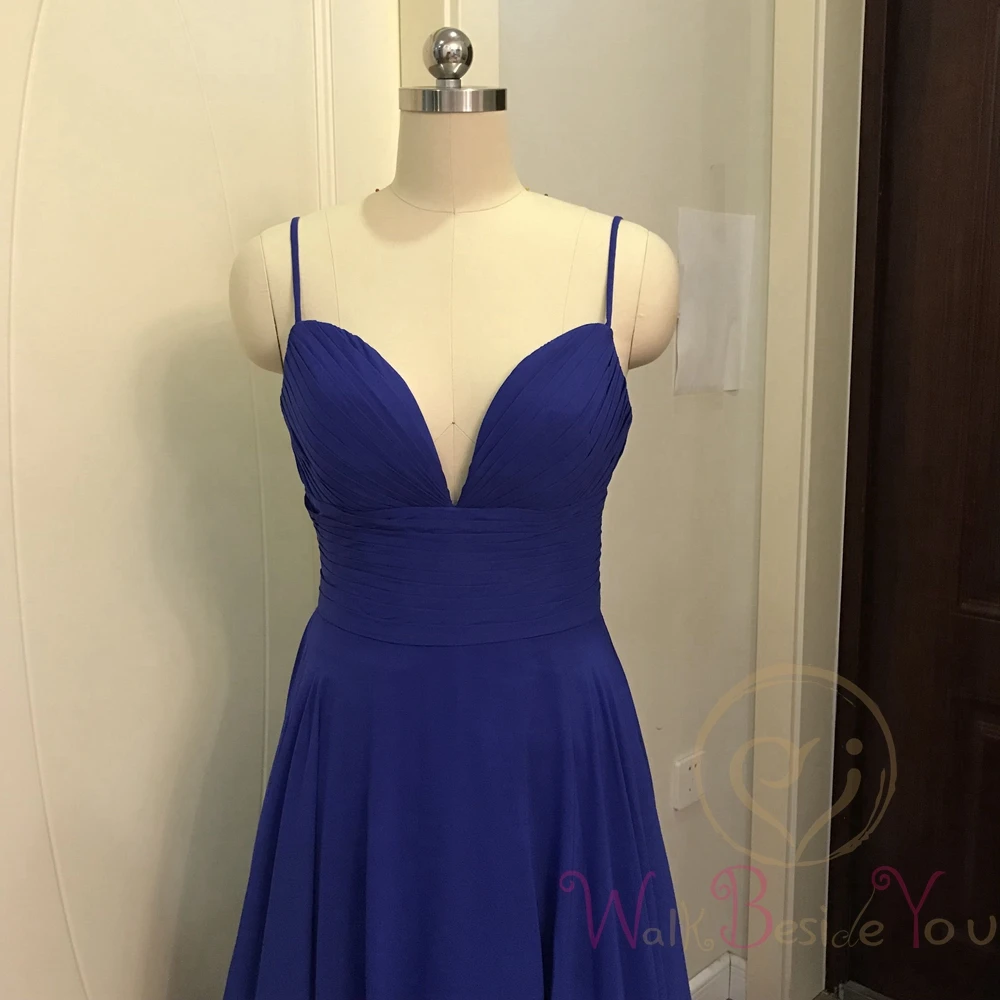 Royal Blue Satin Evening Dresses with Deep V Neck, Split Sleeveless Spaghetti Strap for Formal Party Prom Gowns - Long Design image 6