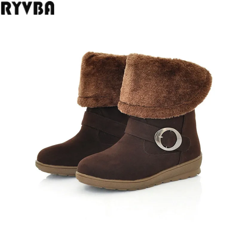 

RYVBA womens winter nubuck mid calf snow boots women fashion buckle thick plush warm boots woman half knee female shoes flats