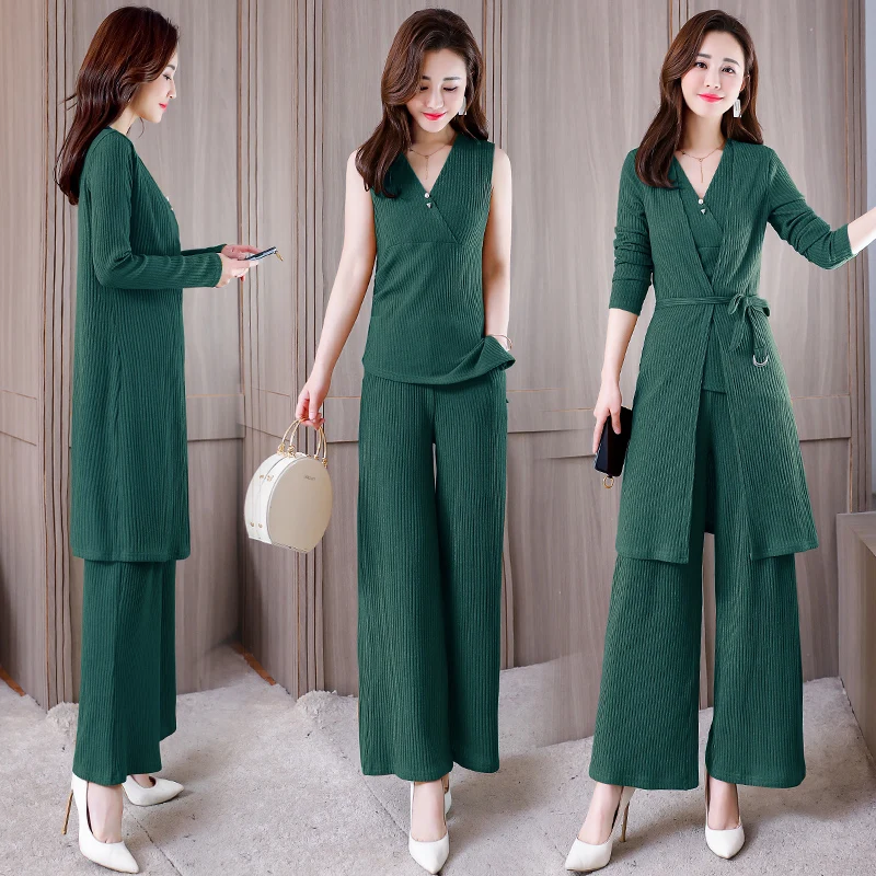 Cardigan Green Manches Large Jambe 3 yellow Costume Pantalon Tricoté Sans Ensembles Ensemble Longues Occasionnels 2019 Pull De Survêtement À Pièces Tops Femmes 8n4Yqfg