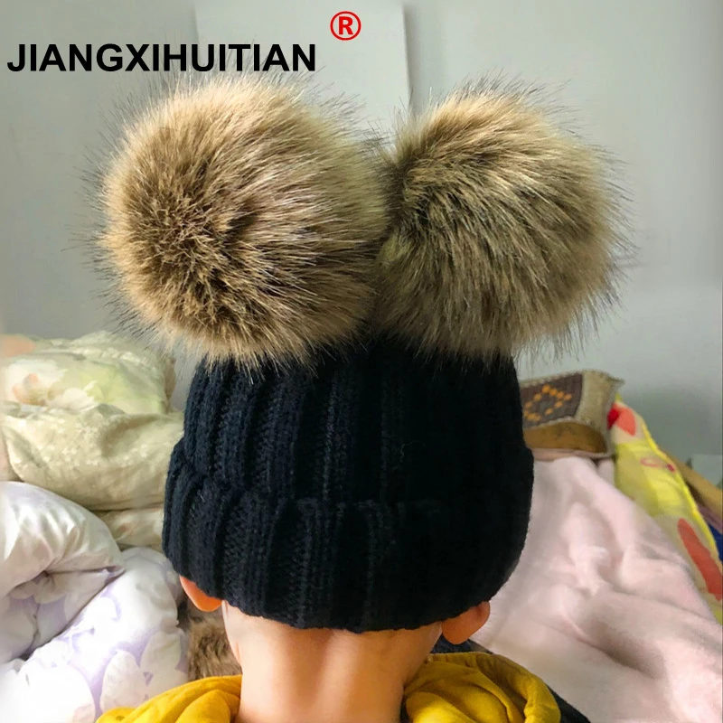 

2018 Mink Fur Pompom Hat Women Winter Caps Knitted Wool Cotton Hats Two Pom Poms Skullies Beanies Bonnet Girls Female Cap