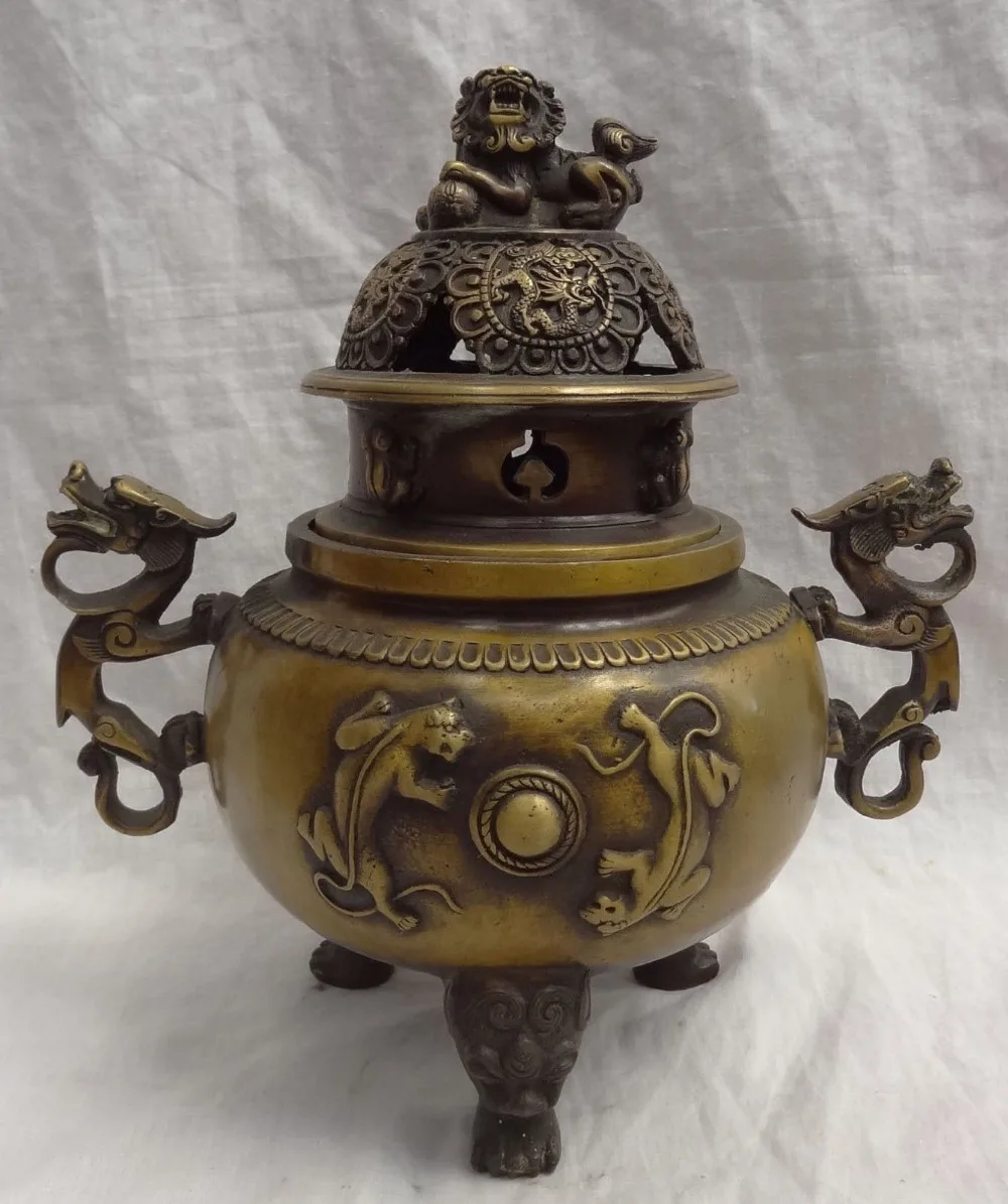 

shitou 001768 10" Tibet Bronze Buddhist Dragon Unicorn Lion Ball Statue Incense Burner Censer discount 30% (C0324)