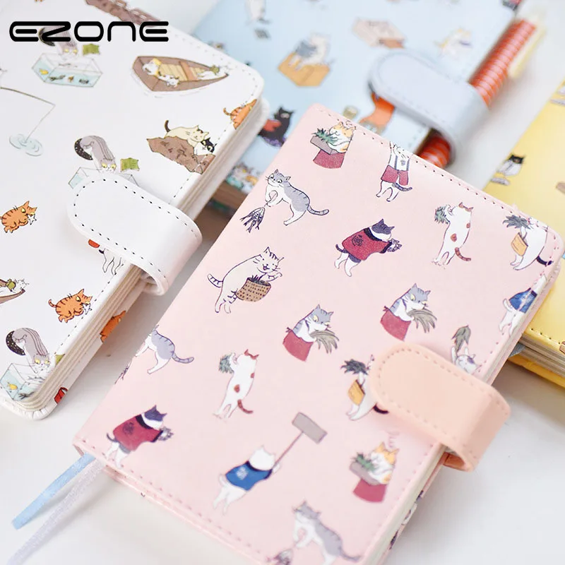 

EZONE Cute Cartoon Notebook Printed Kawaii Cat Note Book PU Cover With Hasp Nopated Traveler Journey Diary School Office Supply