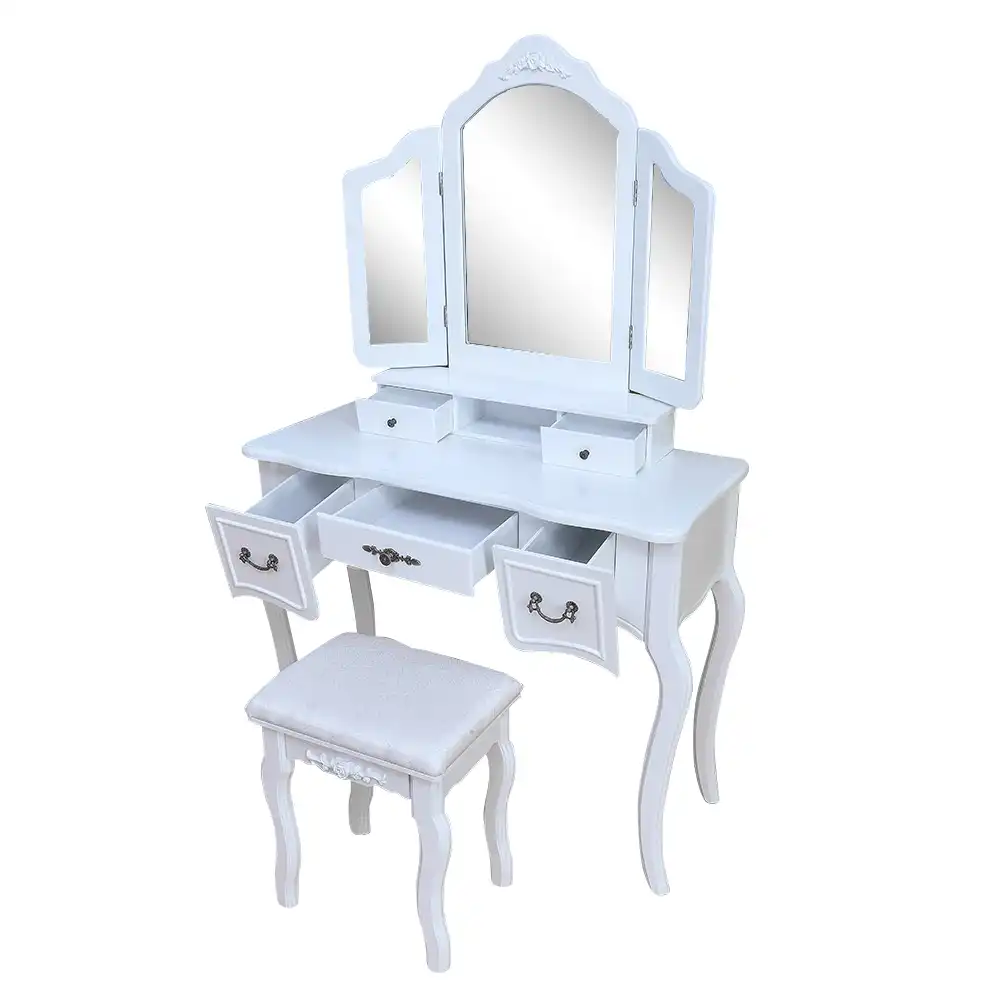 Wooden Vanity Set Make Up Table And Stool Set Tri Fold Mirror