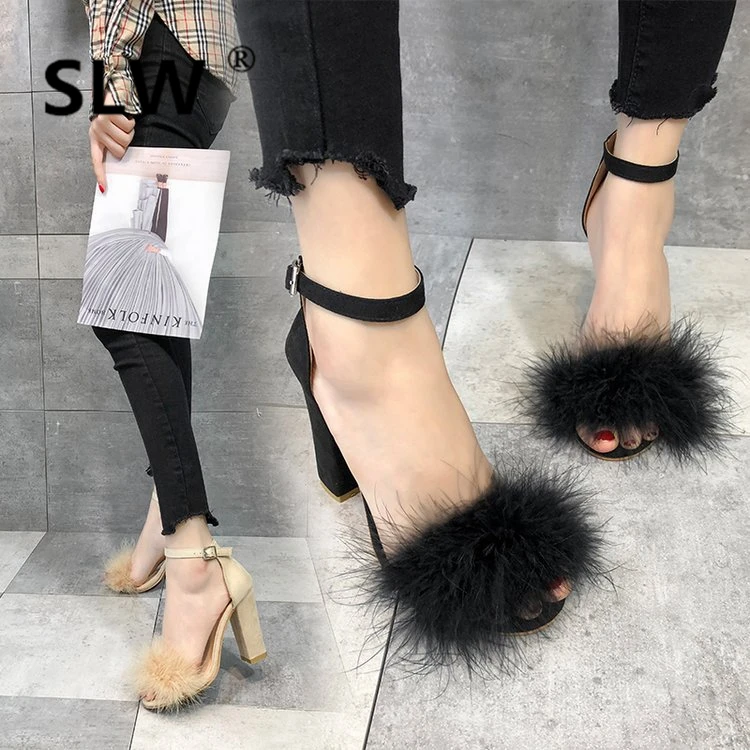 

shoes woman fur heels Faux Fur all match toe Flock strap sandals Buckle plus size tip binding Sexy High Solid Shallow Pure