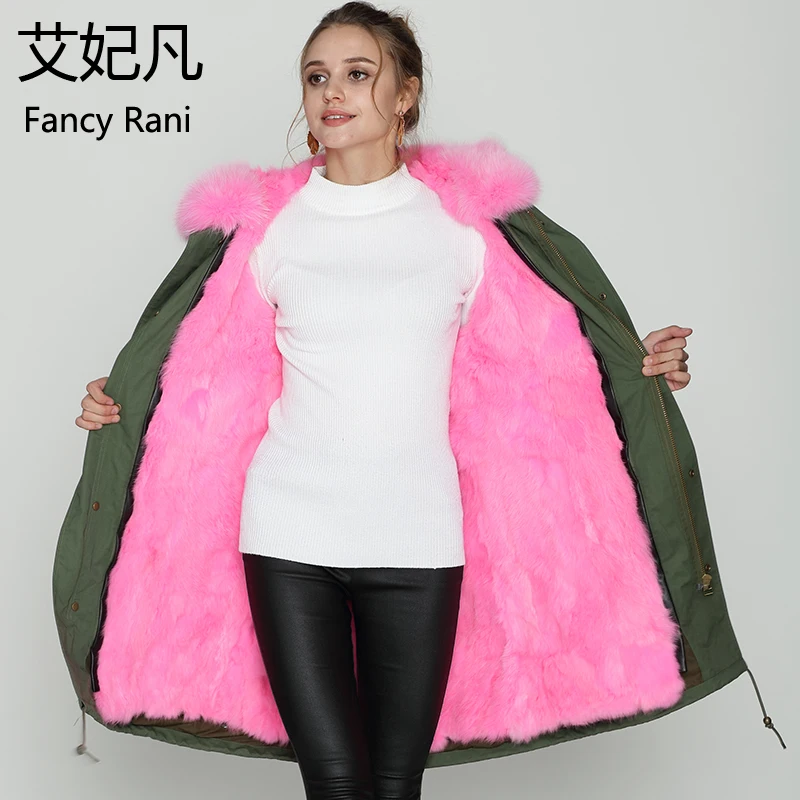 Pink Rabbit Fur Coat Hooded Long Jacket Thick Fur Parkas Women Winter