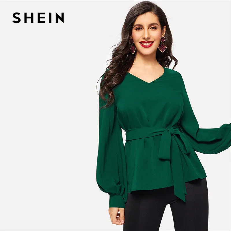 SHEIN Блузка С Поясом Оригинальным Рукавом И Узором Женская Весенняя Классическая V