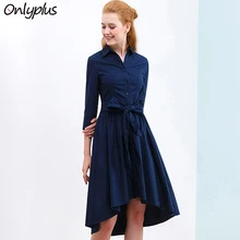ONLY PLUS irregular hem dress Elegant deep blue dresses women Belt Fashion Cotton fabric for dress Button Sashes Autumn Vestidos
