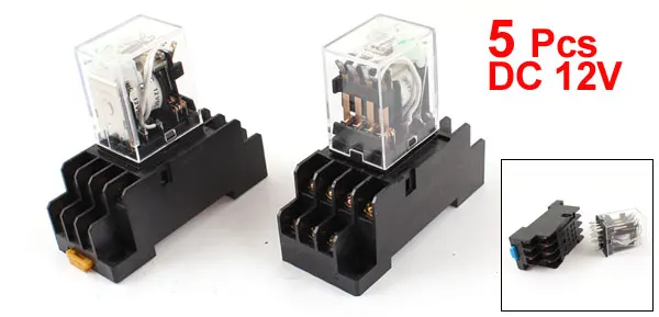 5Pcs DC 12V Coil 4PDT 14 Pin Green LED General Purpose Power Relay w Socket Base