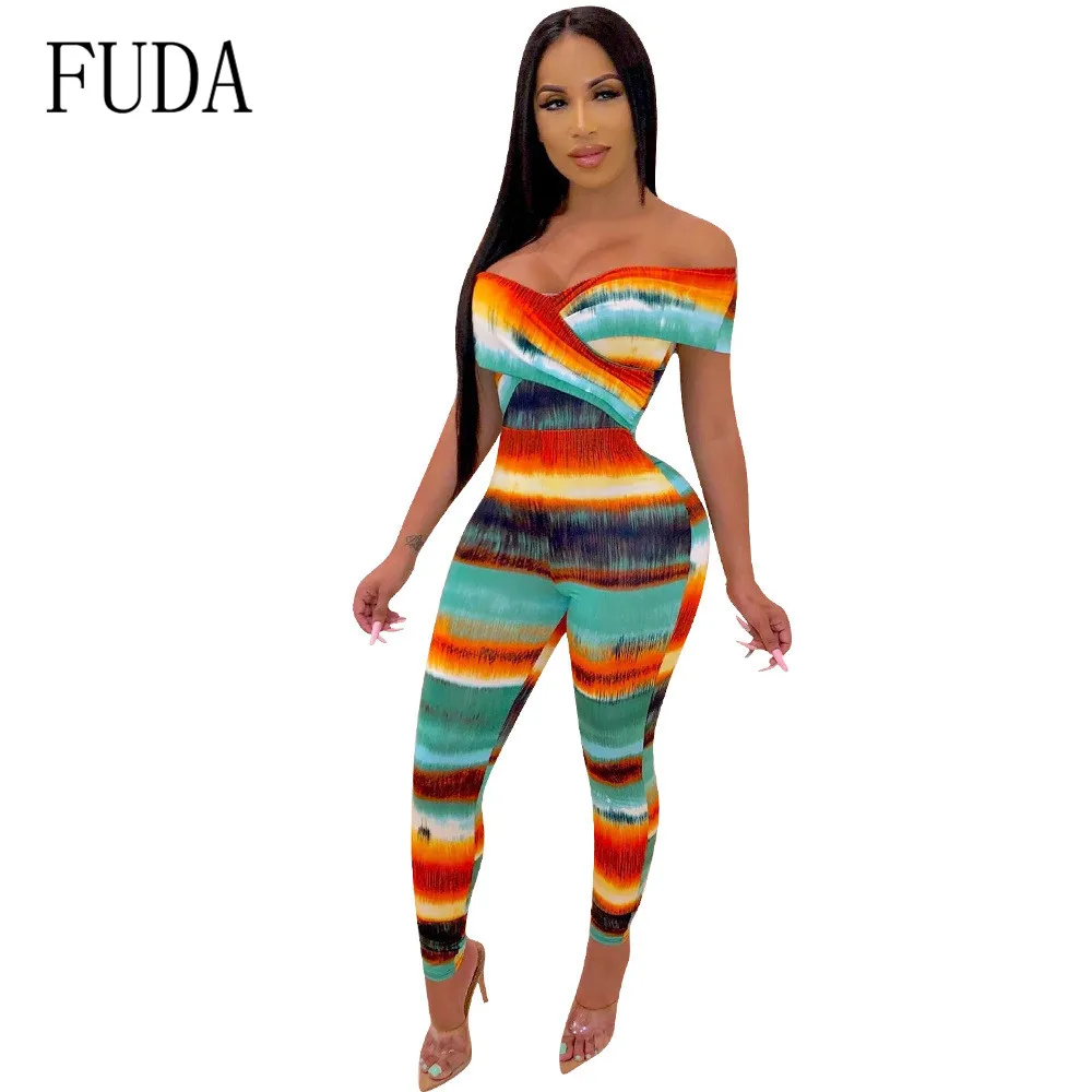 

FUDA Sexy Seven-color Rainbow Colorful Jumpsuits Small V-neck Bodycon Bandage Playsuits Femme Printed Hollow Out Club Overalls