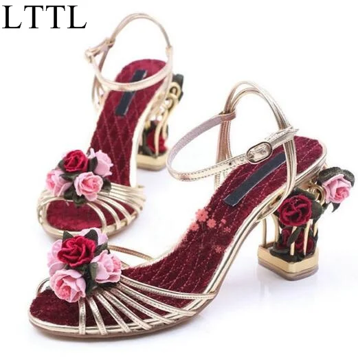 Amazing beautiful flowers embellished cage heel wedding shoes woman chic elegant ankle buckle strap irregular heel flower sandal